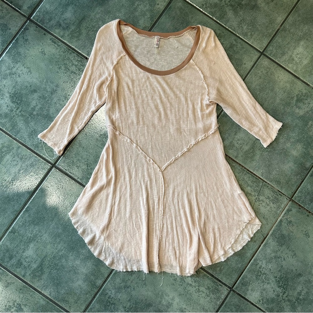 Intimately Free People Beige Tan Brown Raw Edge Seams Quarter Sleeve Shirt